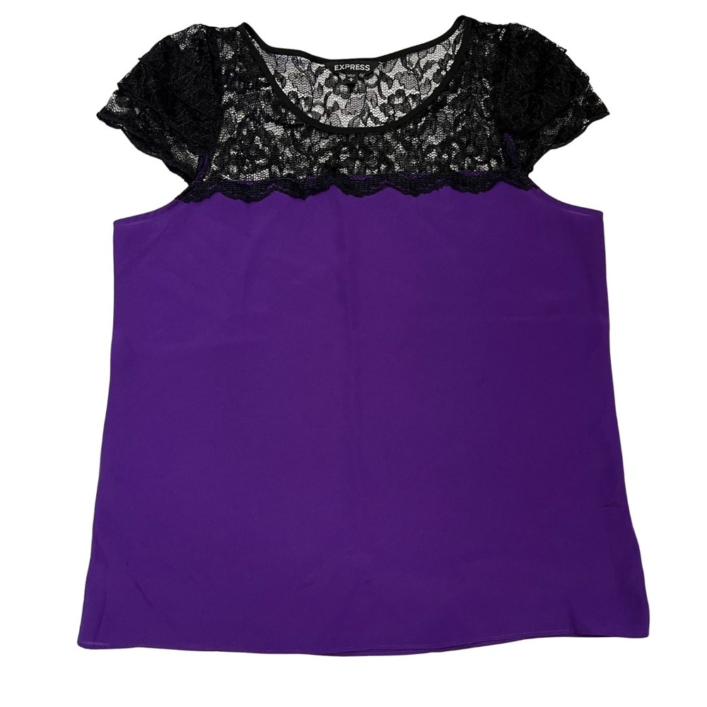 Express Purple Black Lace Cap Sleeve Blouse Women's Size M Evening Top Y2K Club